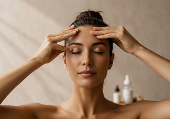 Obraz premium Serene woman massaging temples with eyes closed in soft light, wellness concept