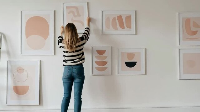 A woman carefully hangs several abstract art prints on her white wall, creating a stylish and modern gallery wall in her home