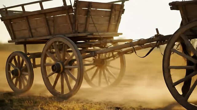 Wooden horse-drawn carts move on dusty ground in sepia tones