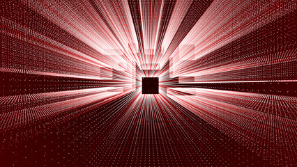 Moving through digital technological particles tunnel, 3d big data digital square tunnel background