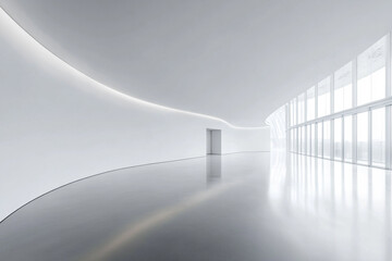 Modern minimalist architecture interior design sleek white walls and floor large windows bright spacious room