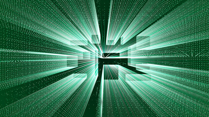 Moving through digital technological particles tunnel, 3d big data digital square tunnel background