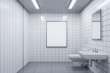 Modern clean restroom with blank poster and wall mounted sink toilet