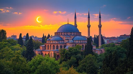 Fototapeta premium Mosque at sunset, partial eclipse