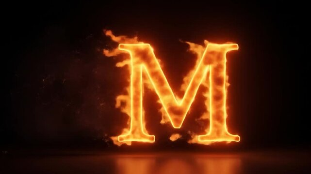 Fiery Letter M Animation: Burning Orange Flames on Black Background with Smoke Effects