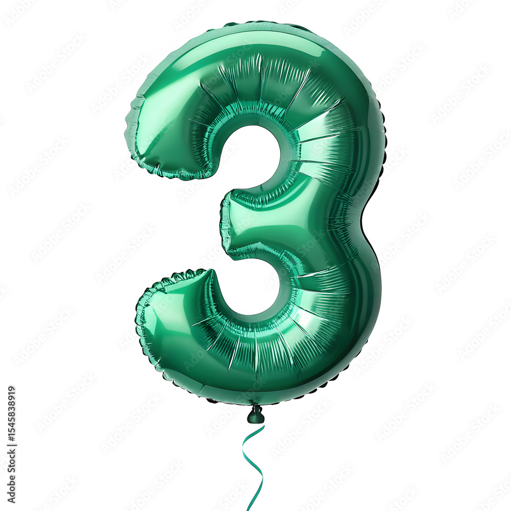Fototapete a balloon shaped like the number 3,emerald green metallic finish with realistic reflections and smoo