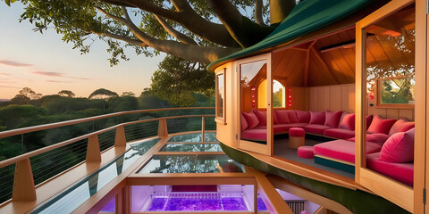 A luxury treehouse with plush pink seating