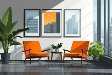 Sunlit city view apartment modern orange chairs plants and artwork