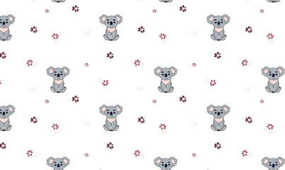 Cute Koala Seamless Pattern with Floral Elements on White Background – Hand-Drawn Animal Design for Kids