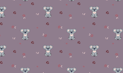 Cute Koala Seamless Pattern with Floral Accents on Purple Background – Hand-Drawn Animal Design for Kids