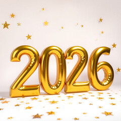 Golden 2026 Balloons,  Shiny gold 2026 balloons create a celebratory atmosphere, scattered with golden stars for a festive, New Year's feel.