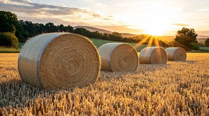 an empty hayfield recently harvested, large cylindrical hay bales spread uniformly, dusk light warming the field, subtle rolling hills in the background