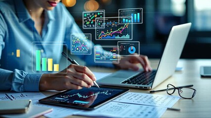Businessman analyzing financial data and stock market trends on a digital tablet with a futuristic holographic interface. Business analytics and technology concept.. - Powered by Adobe