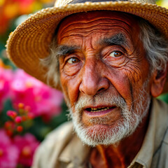 Portrait of a weathered elderly man wearing a straw hat