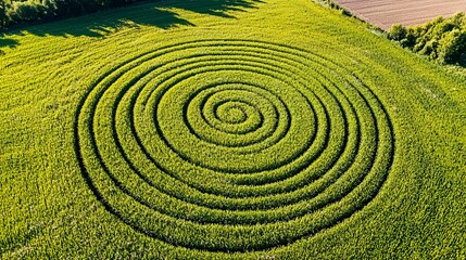 aerial view of circular crop patterns formed by pivot irrigation systems, green tones contrasted with dry land around, radial symmetry visible, photographed from high altitude
