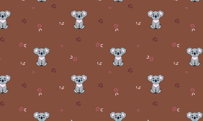 Seamless Koala Pattern with Flowers on Brown Background – Cute Hand-Drawn Animal Design for Kids