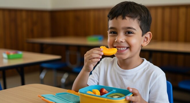 Smiling boy enjoys a healthy peach slice from his colorful lunchbox at school - Powered by Adobe
