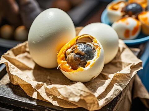 Close-up of balut, a Filipino delicacy of fertilized duck eggs, with one cracked open revealing the embryo. Authentic and culinary focus.