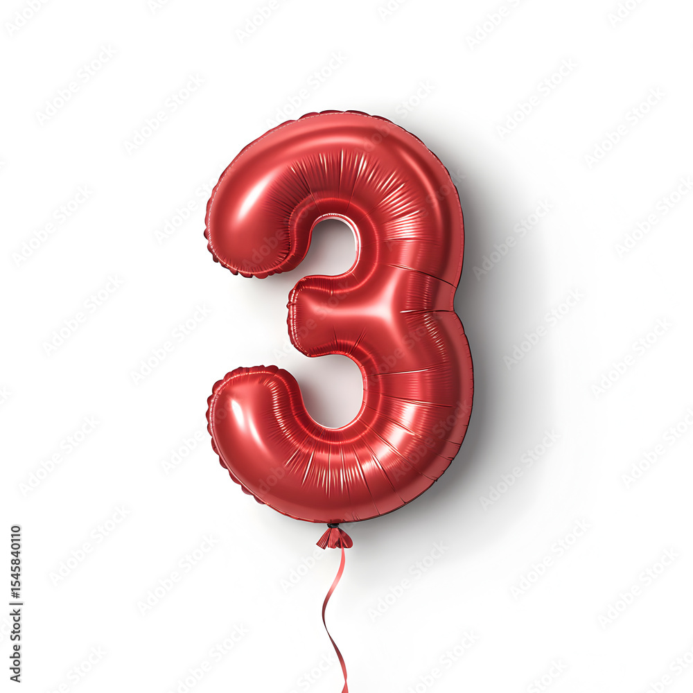 Fototapete a balloon shaped like the number 3,glossy red metallic finish with realistic reflections and smooth 