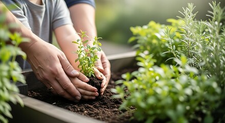 Planting Seedling Together in Garden Soil Close Up