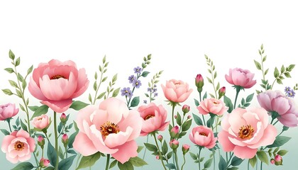 Fototapeta premium Delicate Pink Peony and Wildflower Border on White Background