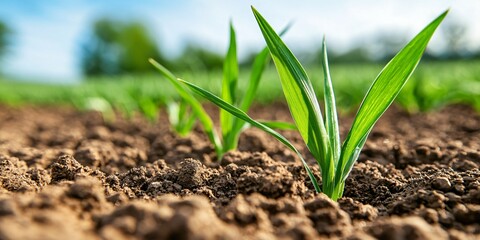 young barley shoots emerging from freshly tilled soil, photographed close-up with sharp foreground and a blurred yet visible horizon line, organic curves of the terrain, natural contrast in