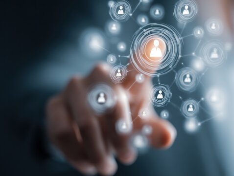 Hand interacting with digital network of user icons