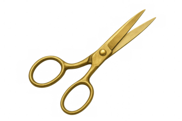 Golden scissors lying open on a transparent background, ready for use in graphic design or photo editing projects