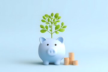  Blue piggy bank with green plant growing from it and coin stacks beside, representing investment, savings and sustainable financial growth.