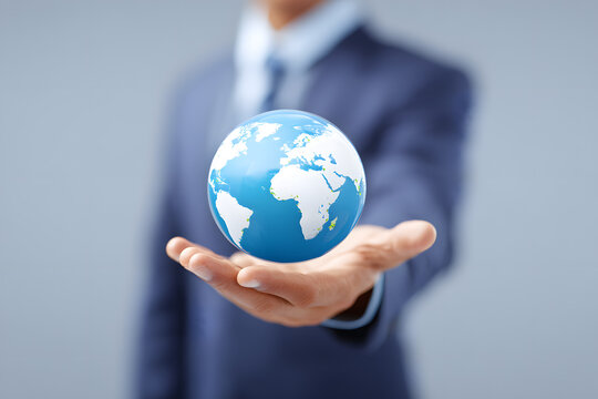 Businessman holding a glowing digital globe in hands, symbolizing global communication, network, international business and innovation. - Powered by Adobe