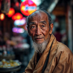 Portrait of an elderly asian man in a busy street