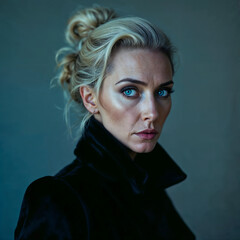 Portrait of a woman with blonde hair and blue eyes