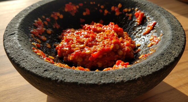 Spicy Sambal Ulek in Stone Mortar: A Close-Up of Indonesian Chili Paste