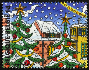 Postage stamp Belgium 1996 decorated trees and rooftops