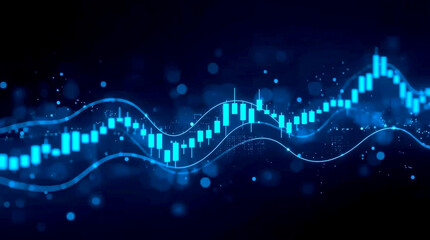Stock market and trading concept, digital graph, abstract digital representation of financial market data, featuring glowing blue candlestick-like bars and an undulating line graph