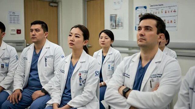 A diverse group of doctors sits in a hospital conference room, attentively listening to a presentation - Powered by Adobe