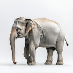 Fototapeta premium A large, gray wild elephant stands isolated on a white background, showcasing its prominent trunk and tusks