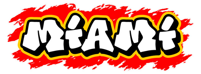 Urban graffiti vector with the word Miami in white text, black outline, and red splatter background. Bold street art style for posters, apparel, or digital design.