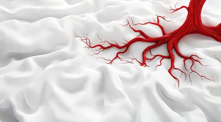 Red tree roots on white fabric