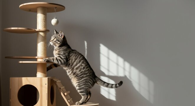 Tabby cat climbing a modern wooden cat tree in bright sunlight - Powered by Adobe