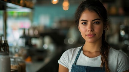 Latina Hispanic woman Cafe Owner. Barista working in Coffee shop, looking at camera. Startup successful small business owner. Bistro Business. Small and Medium Enterprises concept. 