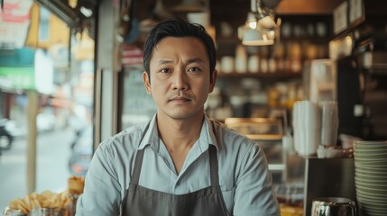 Obraz premium Asian man Cafe Owner. Barista working in Coffee shop, looking at camera. Startup successful small business owner. Bistro Business. Small and Medium Enterprises concept. 