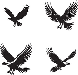 Obraz premium Majestic Eagle Silhouettes with Spread Wings – Vector Set Black and White Hawk and Eagle Tattoo Designs Flying Predator Birds – Monochrome Falcon Illustrations