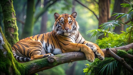 Majestic tiger resting on mossy branch in lush green jungle