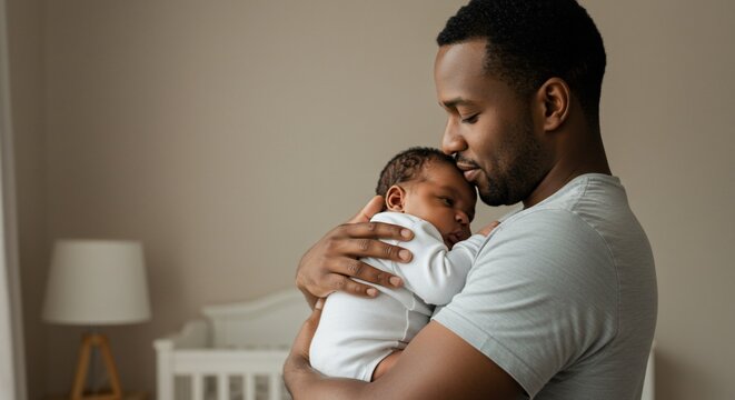 Tender moment: African American father gently cradling his newborn baby