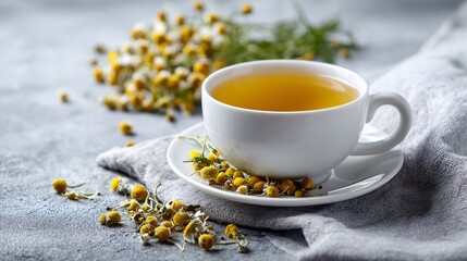 A chamomile tea with dried chamomile blossoms, white ceramic, and linen cloth, copy space on left