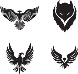 Obraz premium Majestic Eagle Silhouettes with Spread Wings – Vector Set Black and White Hawk and Eagle Tattoo Designs Flying Predator Birds – Monochrome Falcon Illustrations