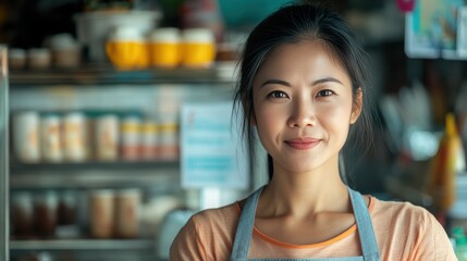 Asian woman Cafe Owner. Barista working in Coffee shop, looking at camera. Startup successful small business owner. Bistro Business. Small and Medium Enterprises concept. 