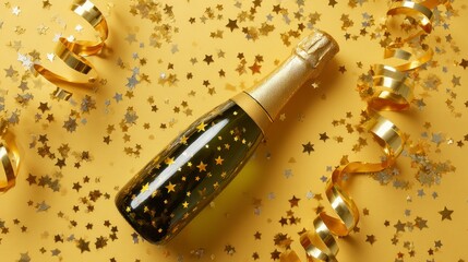 Champagne Bottle with Gold Stars and Confetti