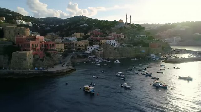 Aerial Panorama of Picturesque Coastal Village at Sunset Featuring Colorful Buildings And Fishing Boats